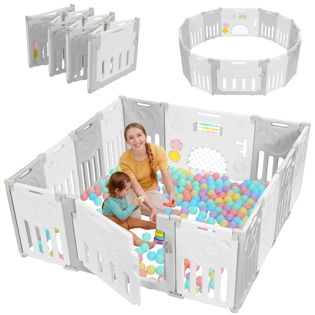 Dripex 14-Panel Foldable Baby Playpen, Grey and white