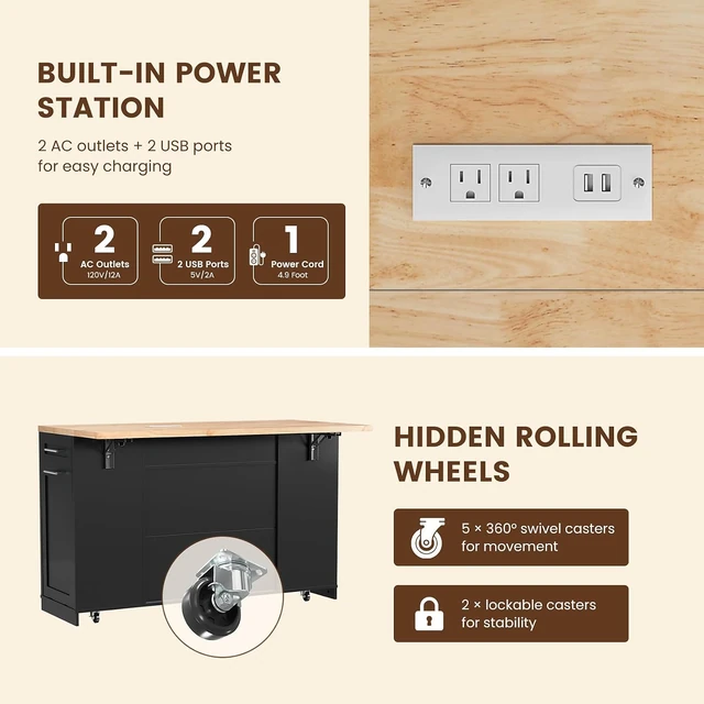 Dripex 53-Inch Rolling Kitchen Island, Black