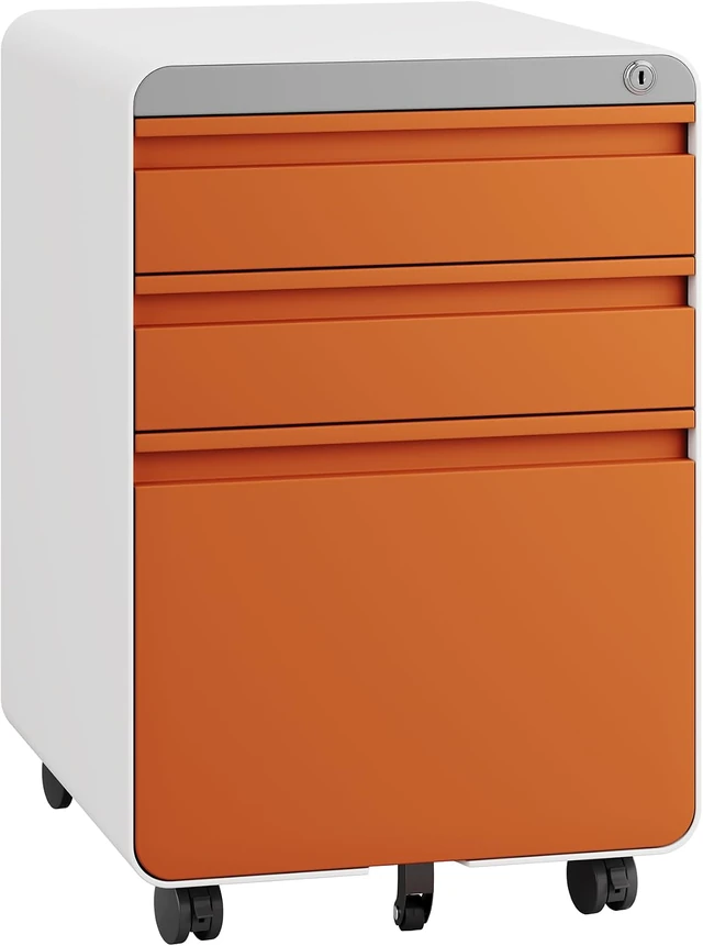 Dripex 3-Drawer Rolling File Cabinet, Orange and white