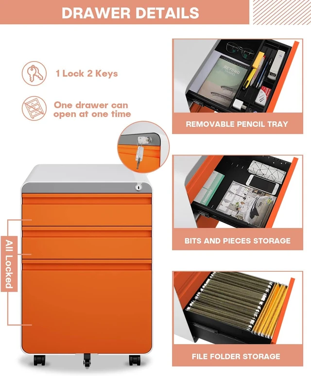 Dripex 3-Drawer Rolling File Cabinet, Orange and white